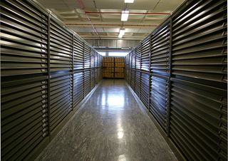 Map storage cabinets and repository shelving at The National Archives in Kew.
